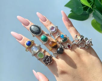 1~12pcs Adjustable Natural Crystal Ring mystery Set, Assorted Gemstone Jewelry Box,Random Ring Box
