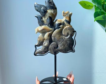Unique Volcanic Agate Nine-Tailed Fox With Holder,Crystal With Stand,Home Decor