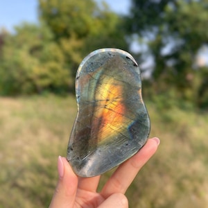 May include: A polished, irregular, teardrop-shaped labradorite stone featuring a smooth surface with visible internal fractures and a prominent, vibrant golden-orange flash of iridescence set against a dark, muted gray-green base.