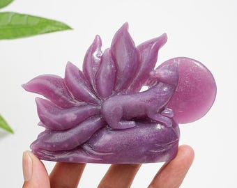 0.7LB Natural Lepidolite Nine-Tailed Fox Carving,Fox Skull,Home Decor,Crystal Gift