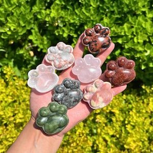 Puede incluir: Colección de siete tallas de huellas de pata de piedras preciosas en varios colores, incluyendo rosa, rojo, verde y gris. Las tallas se sostienen en una mano sobre un fondo de follaje verde.