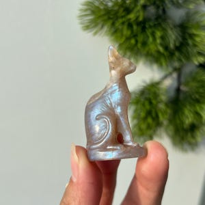 May include: A small, carved cat figurine in shades of beige and blue. The cat is in a seated position with its ears perked up. The figurine is held in a person's hand, with green foliage in the background.
