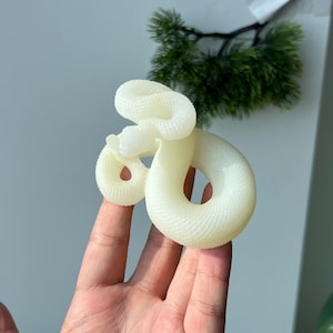 May include: A small, coiled snake figurine crafted from a translucent, pale off-white material. The surface of the snake features a detailed, repeating scale texture throughout its entire body, with the head positioned at the top of the coil.