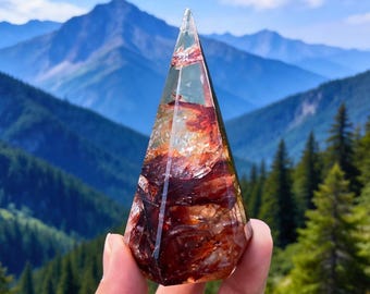 May include: A clear, pyramid-shaped resin object containing suspended, deep red and amber-colored inclusions. The piece features sharp, geometric edges and a smooth, polished surface that catches the light, revealing internal textures.