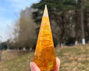 Torre de diamante sanador dorado natural única, punta de cristal, obelisco de cuarzo, decoración del hogar