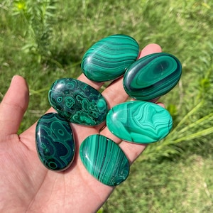 May include: Five polished malachite stones with distinct green banding and circular patterns. Each stone is oval-shaped with a smooth, glossy finish, displaying deep forest green and lighter emerald green swirls across their surfaces.