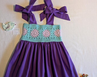 Handmade Crochet girls Dress, Purple Skirt, Adjustable Ribbon, Size 1