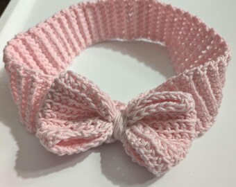 Crochet Baby girls Headband with bow. Pink Cotton, size 2 to size 3