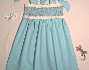 Handmade Aqua Crochet girls Dress, Size 3, Ribbon Tie