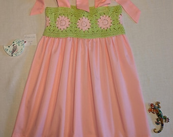 Handmade Crochet girls Dress, Lime & Pink Flower Girl, Size 3