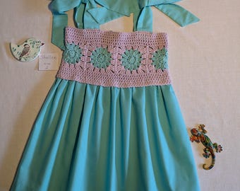 Handmade Crochet girls Dress, Aqua & Mauve, Girls Size 2