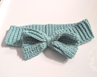 Crochet Baby girls Headband with bow, Aqua Cotton, 1 - 2 year old