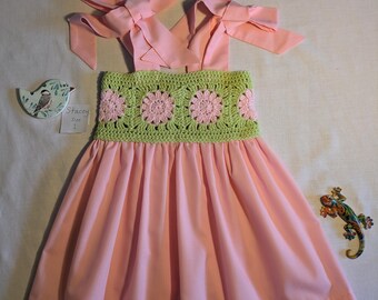 Handmade Crochet Baby girls Dress, Pink & Lime Green Flower Girl Dress, Size 1
