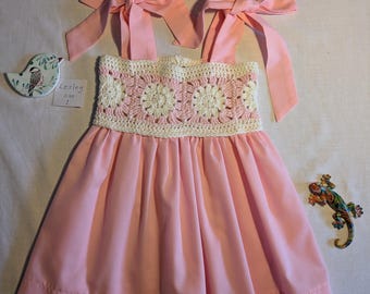 Handmade Crochet Baby Girls Dress – size 1,  Pink Flower Girl Outfit