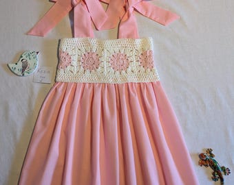 Handmade Size 2 girls crochet Dress, Pink Cotton Blend Party Dress