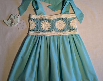Size 1 Crochet girls Dress – handmade Aqua colour Cotton Sundress