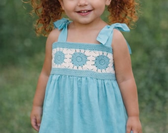 Handmade Girls Crochet Dress, size 3, Aqua Flower Bodice