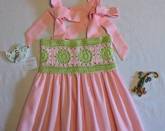 Handmade Crochet Baby girls Dress – Lime Green & Pink, Size 1