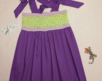 Size 3 Crochet Girls Dress, with Purple Skirt. Handmade