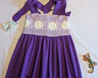 Handmade Size 2 Cotton Crochet girls Dress, Purple Ribbon Ties