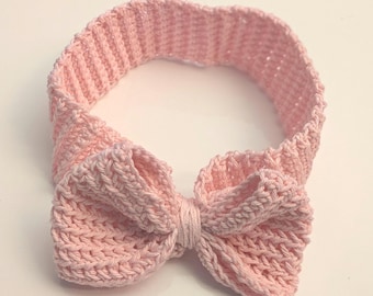 Crochet Baby Girl pink Cotton Headband with Bow, size 1 to size 2
