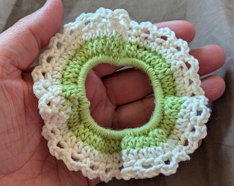 Lime green and white Crochet hair tie. Medium size