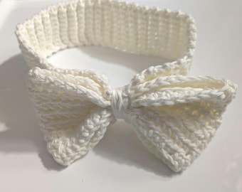 Crochet Baby Girl cotton Headband with Bow, Off White, size 1 to size 2