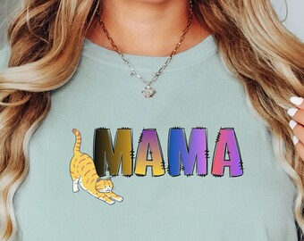 Comfort Colors Cat Mama Shirt, Stretching Cat Graphic Mom Gift, Cute Cat Lover Tee, Funny Cat Shirt, Mother’s Day Gift, Cat Owner Outfit