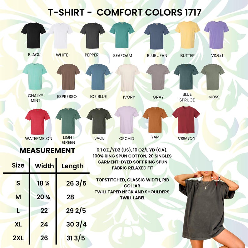 Pu&ograve; includere: Esposizione di t-shirt Comfort Colors 1717 in vari colori, tra cui nero, bianco e blu jeans. L'immagine include una tabella delle taglie con misure in cm per larghezza e lunghezza, dalla taglia S alla 2XL. Le magliette sono in cotone ring spun.