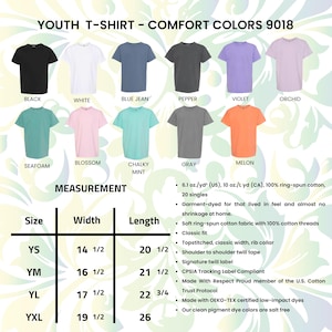 Pu&ograve; includere: T-shirt Comfort Colors per ragazzi in vari colori, tra cui nero, bianco, blu jeans e orchidea. L'immagine mostra una tabella delle taglie con misure in cm e dettagli del prodotto.