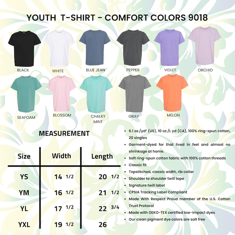 Pu&ograve; includere: T-shirt Comfort Colors per ragazzi in vari colori, tra cui nero, bianco, blu jeans e orchidea. L'immagine mostra una tabella delle taglie con misure in cm e dettagli del prodotto.