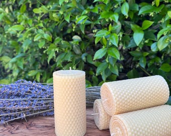Hand Rolled Pure Beeswax Pillar Candle – 4” Natural Honeycomb  –  Non Toxic, Unscented, Eco Friendly