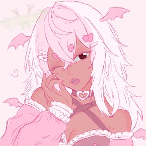 May include: A digital illustration of a character with long, light pink hair, small bat wings, and a heart-shaped choker. The character has dark skin, is winking, and wears a pink outfit with ruffled sleeves and a heart hair clip on a pink background.
