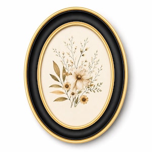 Könnte beinhalten: Ein ovaler Bilderrahmen mit mattschwarzer Oberfläche und einem dünnen goldenen Innenrand. Im Rahmen befindet sich eine botanische Illustration mit einem Strauß aus hellbeigen und braunen Blumen, Blättern und dünnen Stielen auf cremefarbenem Grund.