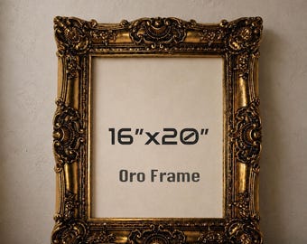 May include: A rectangular picture frame with an ornate, embossed gold finish and intricate scrollwork detailing. The center of the frame displays the text 16"x20" and Oro Frame in a dark gray font against a light cream-colored background.