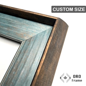 May include: Close-up of a corner of a wooden picture frame. The frame has a distressed teal and brown finish. The text "CUSTOM SIZE" is in a gray box in the upper right corner. The logo for ORO Frame is in the lower right corner.