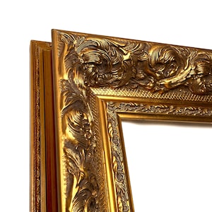 May include: A gold-coloured picture frame featuring an ornate, raised relief pattern of scrolling acanthus leaves and floral motifs. The frame has a deep, multi-layered profile with a textured inner border and a smooth, polished metallic finish.