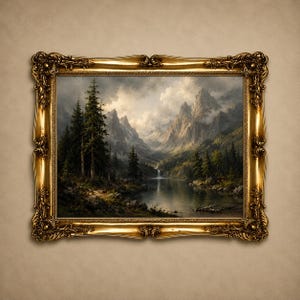 Peut inclure: Une peinture de paysage dans un cadre doré orné et décoratif. L'œuvre représente une chaîne de montagnes aux sommets déchiquetés, un lac calme reflétant le ciel, une petite cascade et des conifères denses sous un ciel nuageux.