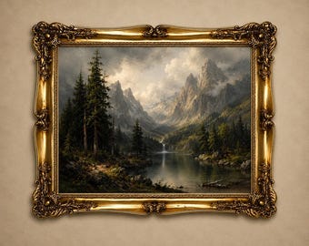 Könnte beinhalten: Ein Landschaftsgemälde in einem dekorativen, verzierten Goldrahmen. Das Kunstwerk zeigt ein Gebirge mit zerklüfteten Gipfeln, einen ruhigen See, der den Himmel spiegelt, einen kleinen Wasserfall und dichte Nadelbäume unter einem bewölkten Himmel.