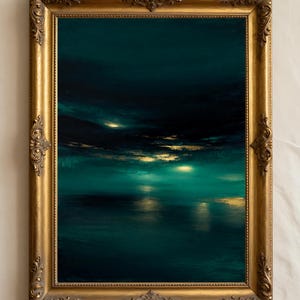 May include: An abstract landscape painting in a gold ornate frame. The artwork features a dark teal and black color palette with hints of gold, depicting a serene scene of water reflecting light from the sky. The frame has detailed carvings.