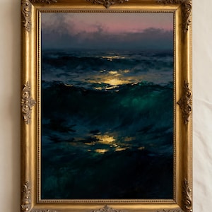 Moody Emerald Wave Painting Print, Dark Teal Seascape Wall Art, Glowing Moonlight Ocean Canvas, Coastal Gothic Decor, Large Nautical Art 