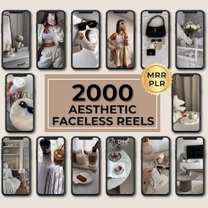Op de afbeelding: Advertentie voor esthetische faceless reels, weergegeven op smartphones. De centrale tekst luidt "2000 AESTHETIC FACELESS REELS". De afbeelding toont lifestyle- en modecontent, waaronder outfits, accessoires en interieurontwerp.