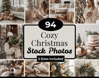 May include: A collection of festive Christmas stock photos. The images show decorated Christmas trees, seasonal decorations, and people enjoying the holiday. The text "94 Cozy Christmas Stock Photos" is displayed on a light beige background.
