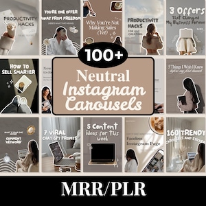 Ponad 100 neutralnych szablonów karuzeli na Instagramie | Edytowalne szablony mediów społecznościowych Canva | Pakiet treści MRR PLR | Posty marketingowe dla firm