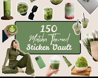 Pegatinas de Matcha / 150 gráficos PNG, plantilla de Canva (MRR PLR)