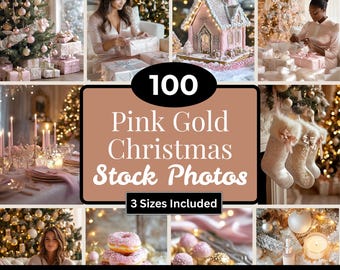 100 fotos navideñas de stock en oro rosa / MRR/PLR / Paquete de estética navideña en rosa ruborizado / Imágenes navideñas femeninas / Contenido para redes sociales