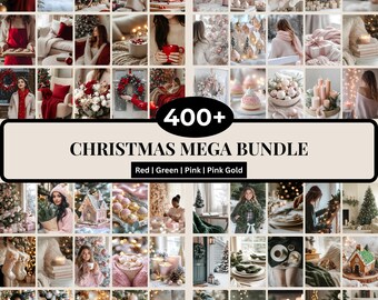 Más de 400 fotos navideñas de archivo (MRR/PLR), fotos con estética navideña, imágenes navideñas en rojo, verde, rosa y dorado, contenido para redes sociales.