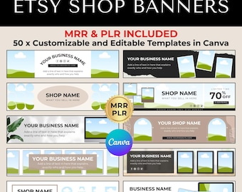 50 plantillas de banner editables para tienda Etsy / Kit de marca minimalista y neutra (Canva) / Paquete de banners editables de Canva / Kit de encabezado digital para tienda
