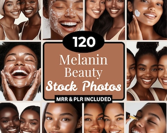 Paquete de 120 fotos de stock de belleza y cuidado de la piel con melanina con MRR PLR / Imágenes de stock de chicas negras estéticas / Contenido de esteticistas / Belleza natural