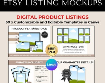 50 plantillas de maquetas para listados de tiendas Etsy en Canva / Maquetas de productos digitales / Plantillas editables de Canva / Imágenes para tiendas Etsy / PLR MRR